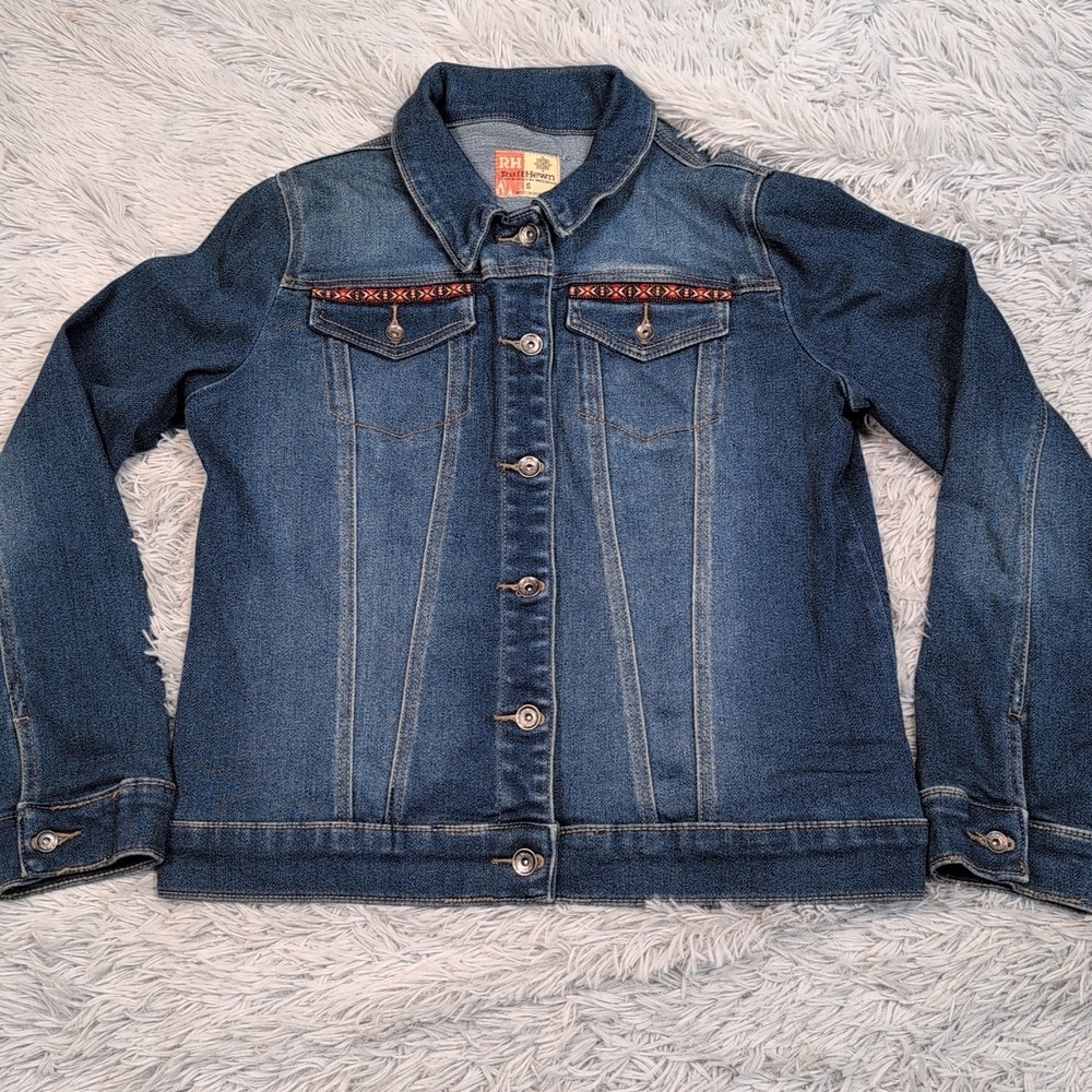 Ruff‎ Hewn Jacket Womens S Blue Denim Jean Coat Stretch Pockets Aztec Button Up